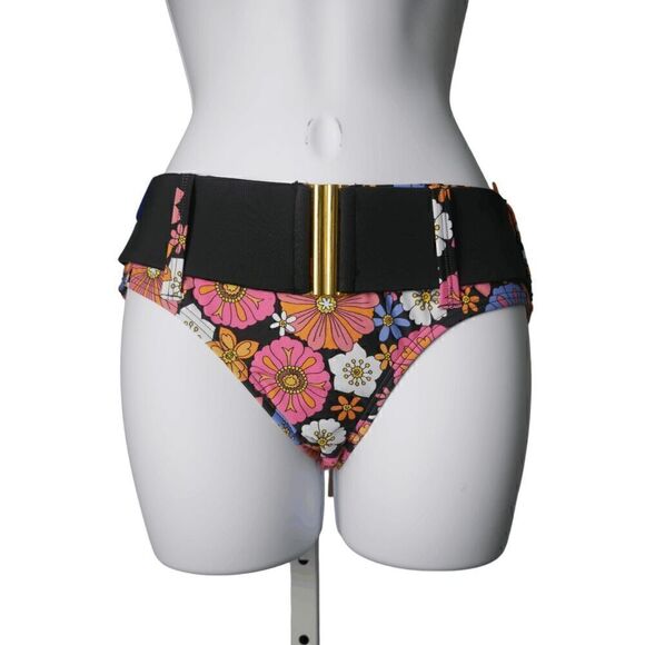 Unique Vintage Black and Purple Floral Belted Swim Bikini Bottom XS - Picture 1 of 6